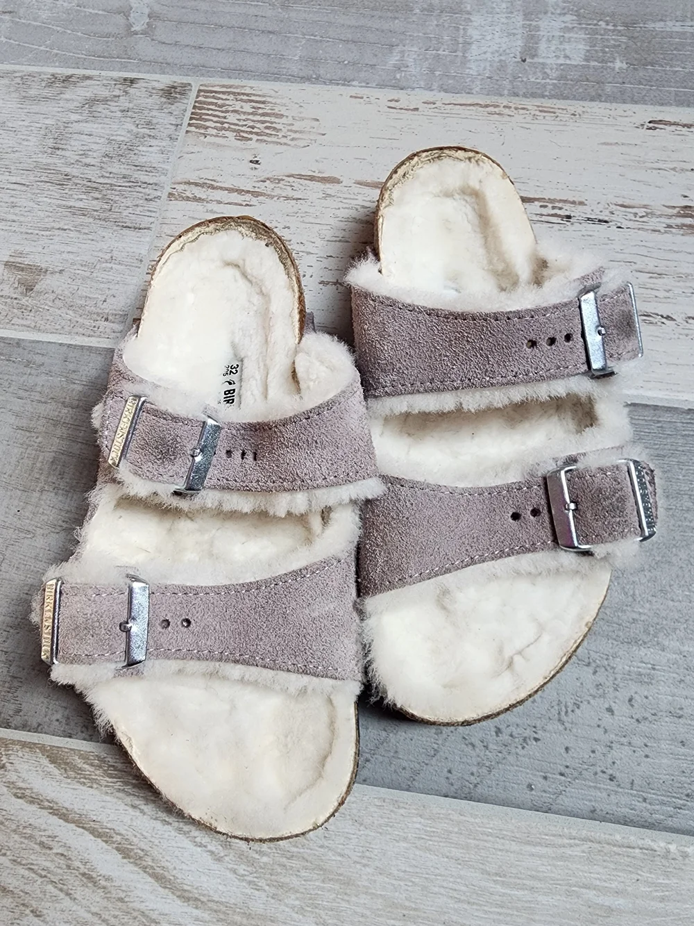 Birkenstock Kids Shearling-Lined Double Strap Sandals in Taupe